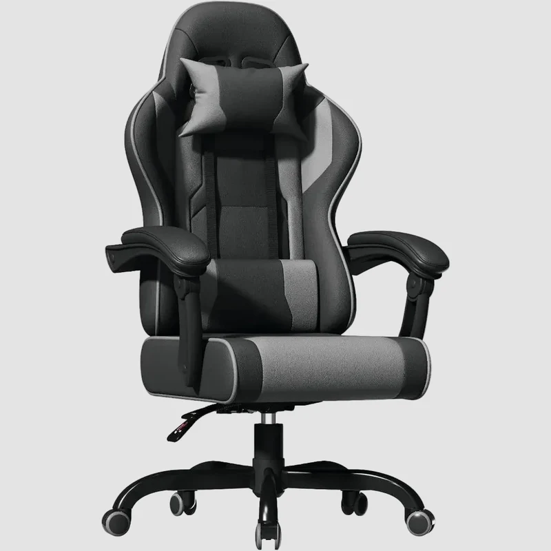 Fauteuil gamer assise bacquet ergonomique noir et gris avec coussin lombaire et cervical