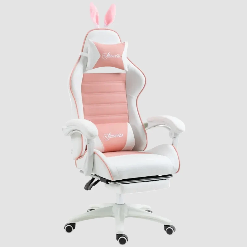 Fauteuil gamer ergonomique fille rose et blanc inclinable réglable avec oreilles de lapin décoratives appui-tête et renfort lombaire